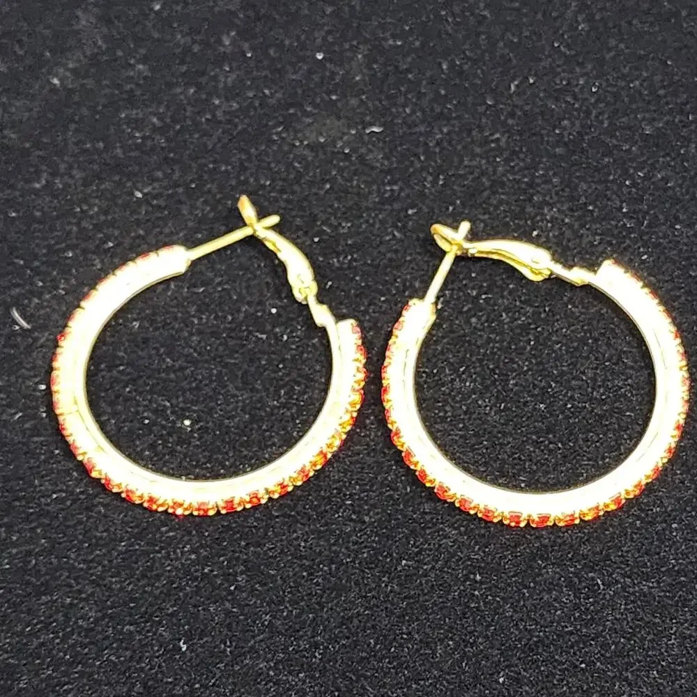 Red Crystal Rhinestone Studded Earrings Gold Tone Hoop Omega Closure Valentines